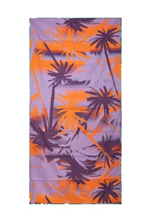 Tessuto viola e arancione con motivi astratti di palme e strisce orizzontali sfumate in tonalità di viola e arancione.