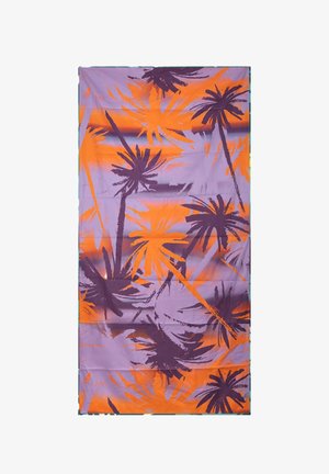 Tessuto viola e arancione con motivi astratti di palme e strisce orizzontali sfumate in tonalità di viola e arancione.