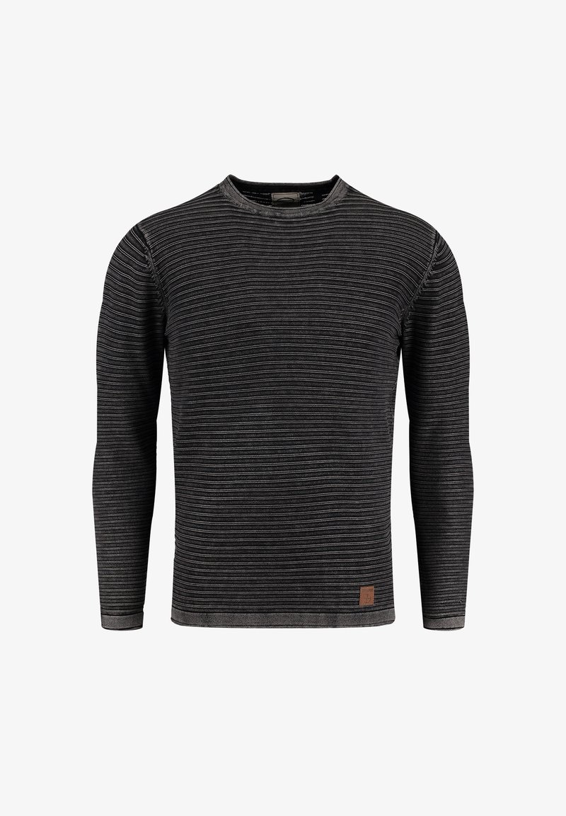 Langärmliger schwarzer gestreifter Pullover mit gerippter Textur und einem kleinen braunen Lederetikett an der unteren Vorderseite. Klassischer Rundhalsausschnitt.