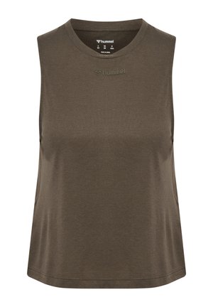 Ärmelloses, dunkelolivgrünes Sport-Tanktop mit rundem Ausschnitt und kleinem, geprägt "hummel"-Logo in der Brustmitte.