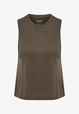 Ærmeløs atletisk tanktop i mørkeolivengrøn med rund hals og lille præget "hummel"-logo midt på brystet.