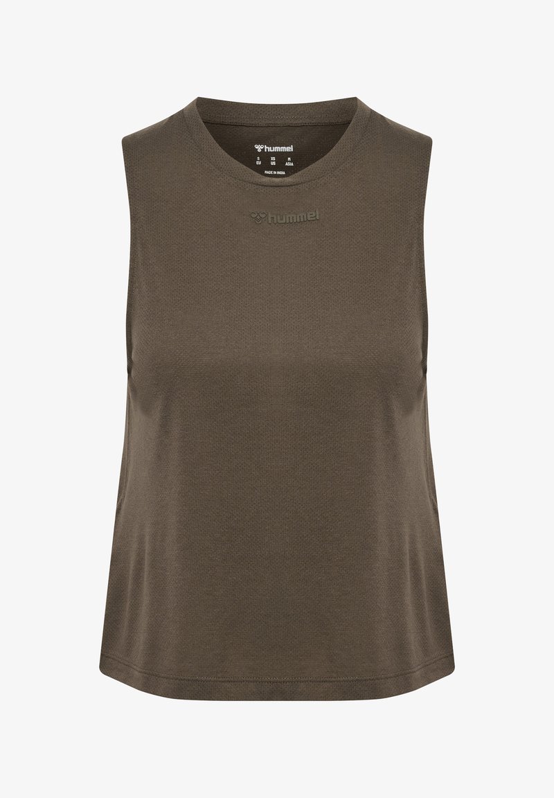Bezrekawnik sportowy w ciemnym oliwkowym kolorze, z okrągłym dekoltem i małym wytłoczonym logo "hummel" na środku klatki piersiowej.