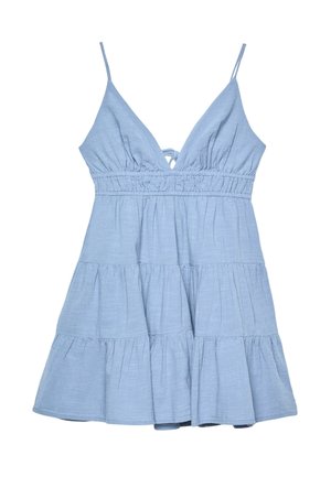 Light blue sleeveless dress with a v-neckline, gathered bodice, and tiered skirt. Made of textured fabric with adjustable straps.