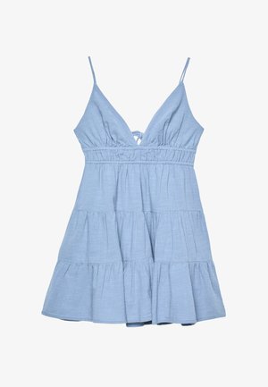 Light blue sleeveless dress with a v-neckline, gathered bodice, and tiered skirt. Made of textured fabric with adjustable straps.