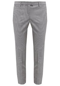 Pantalon habillé slim gris texturé pour homme avec passants de ceinture et plis marqués à l’avant, présenté sur un fond blanc.