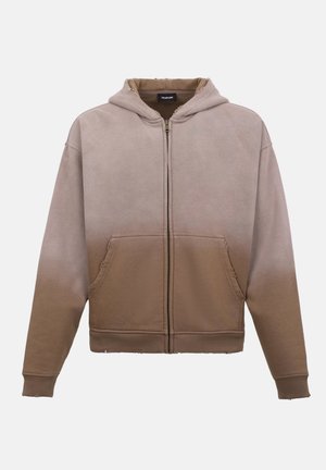 Φούτερ με φερμουάρ σε απόχρωση από μπεζ έως ανοιχτό καφέ, με μπροστινές τσέπες, ριμπ μανσέτες και κουκούλα, με ελαφρώς φθαρμένες λεπτομέρειες.