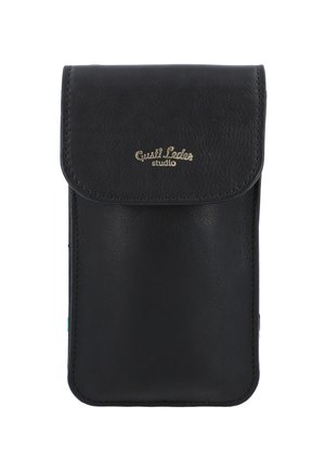 Black leather smartphone case with a fold-over flap and gold logo. Smooth texture, minimalistic design, rectangular shape.