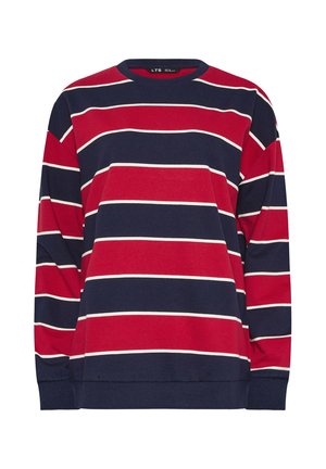 Maglione a maniche lunghe con scollo rotondo, righe orizzontali blu navy, rosse e bianche, polsini e orlo a coste, etichettato LTS taglia media.