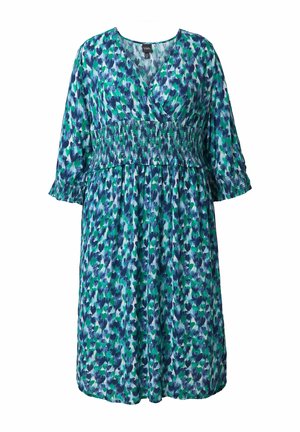 Blumenkleid in Blau- und Grüntönen mit V-Ausschnitt, geraffter Taille und Dreiviertelärmeln mit Rüschensaum. Weicher Stoff.