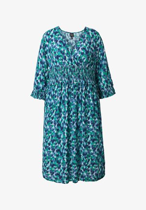 Bloemenprint jurk in blauwe en groene tinten, met een V-hals, een geplooide taille en driekwart mouwen met een gerimpelde rand. Zachte stof.