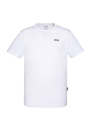 Witte katoenen T-shirt met korte mouwen, ronde hals en een klein geborduurd logo op de linkerkant van de borst. Heeft een rechte zoom en geen patronen.