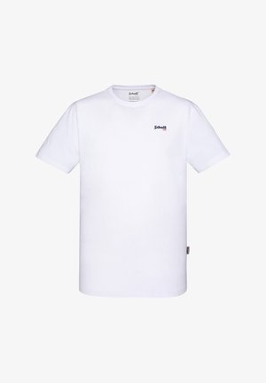 T-shirt bianco in cotone con maniche corte, collo a giro e un piccolo logo ricamato sul lato sinistro del petto. Presenta un orlo dritto e nessun motivo.