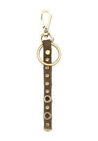 Portachiavi con cinturino in pelle marrone decorato con borchie dorate e nere, comprensivo di un anello dorato e di un moschettone dorato.