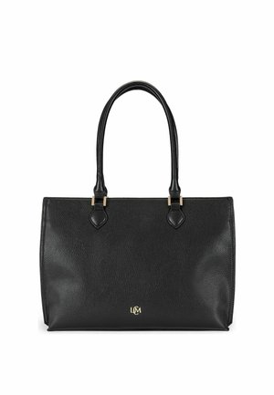 Sac cabas en cuir noir avec de longues poignées et un petit logo doré "LCM" centré près du bas.