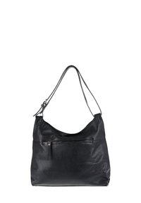 Zwarte leren schoudertas met een gestructureerd oppervlak, gebogen vorm, verstelbare schouderriem en een voorvak met rits.