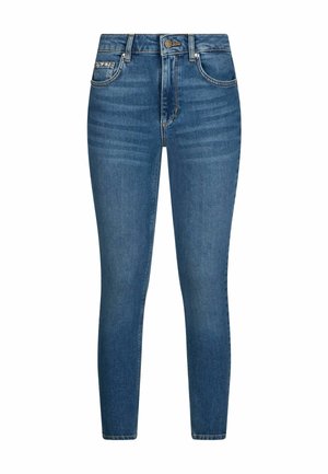 Jeans skinny blu a vita alta con bottoni frontali, cerniera e cinque tasche, inclusa una piccola tasca portamonete con cuciture decorative.