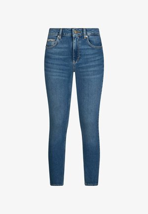 Jeans skinny albastre cu talie înaltă, cu nasturi în față, fermoar și cinci buzunare, inclusiv un buzunar mic pentru monede cu cusături decorative.