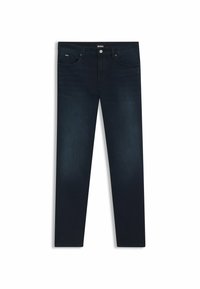 Vaqueros de mezclilla azul oscuro con corte recto, diseño de cinco bolsillos, costuras tonalmente coordinadas, botón metálico y logo de la marca en la cinturilla.