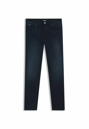 Mörkblå denimjeans med rak passform, femficksdesign, tonad sömnad, metallknapp och varumärkeslogotyp på midjebandet.