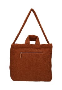 Brun, texturerad tote-väska med en mjuk, lurvig yta, korta handtag och ett långt axelrem. Har en ficka med dragkedja på framsidan.