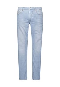 Lichtblauwe denim jeans met een slim fit, voorzien van vijf zakken, een knoop- en ritsluiting, en subtiele vervagingen door de stof.
