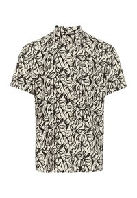 Short-sleeve shirt in cream with black floral pattern; features a collared neck and front button closure. The fabric has a smooth texture.