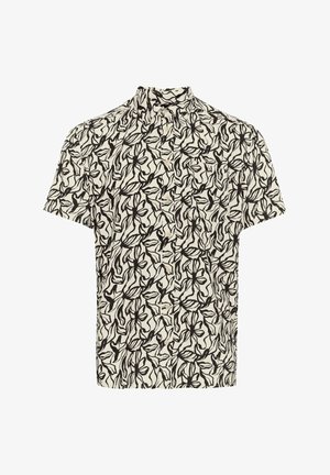 Kratkoročna majica v krem barvi z črnim cvetličnim vzorcem; ima ovratnik in sprednje zapiranje na gumbe. Tkanina ima gladko teksturo.