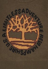 Maglione lavorato a maglia marrone con un logo al centro di un albero arancione e testo nero che recita "AVVENTURA SENZA LIMITI A SHAMPSHIRE US." Orlo a coste.