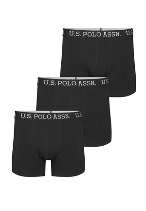 Črne bombažne bokserice z elastičnim pasom z belim logotipom U.S. Polo Assn. Prikazane tri pare, gladka tekstura.