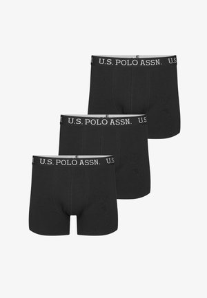 Črne bombažne bokserice z elastičnim pasom z belim logotipom U.S. Polo Assn. Prikazane tri pare, gladka tekstura.