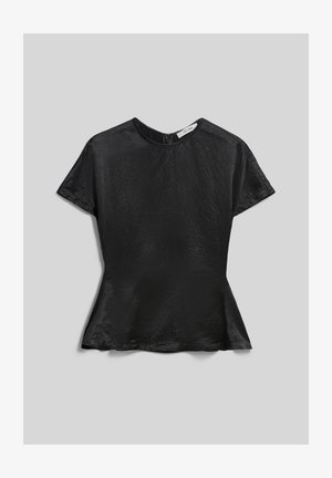 Black short-sleeve blouse with slight sheen, round neckline, subtle peplum hem, and back zipper closure, laid flat on gray background.