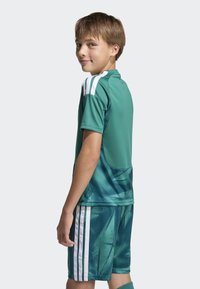 Conjunto de camisola e calções desportivos verdes com padrões abstratos, apresentando riscas brancas nas mangas e na lateral dos calções. Tecido suave e respirável.