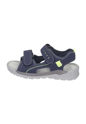 Navy blue sandal with adjustable Velcro straps, gray sole, and green accents. Features open design and stitched detailing. Lightweight material.