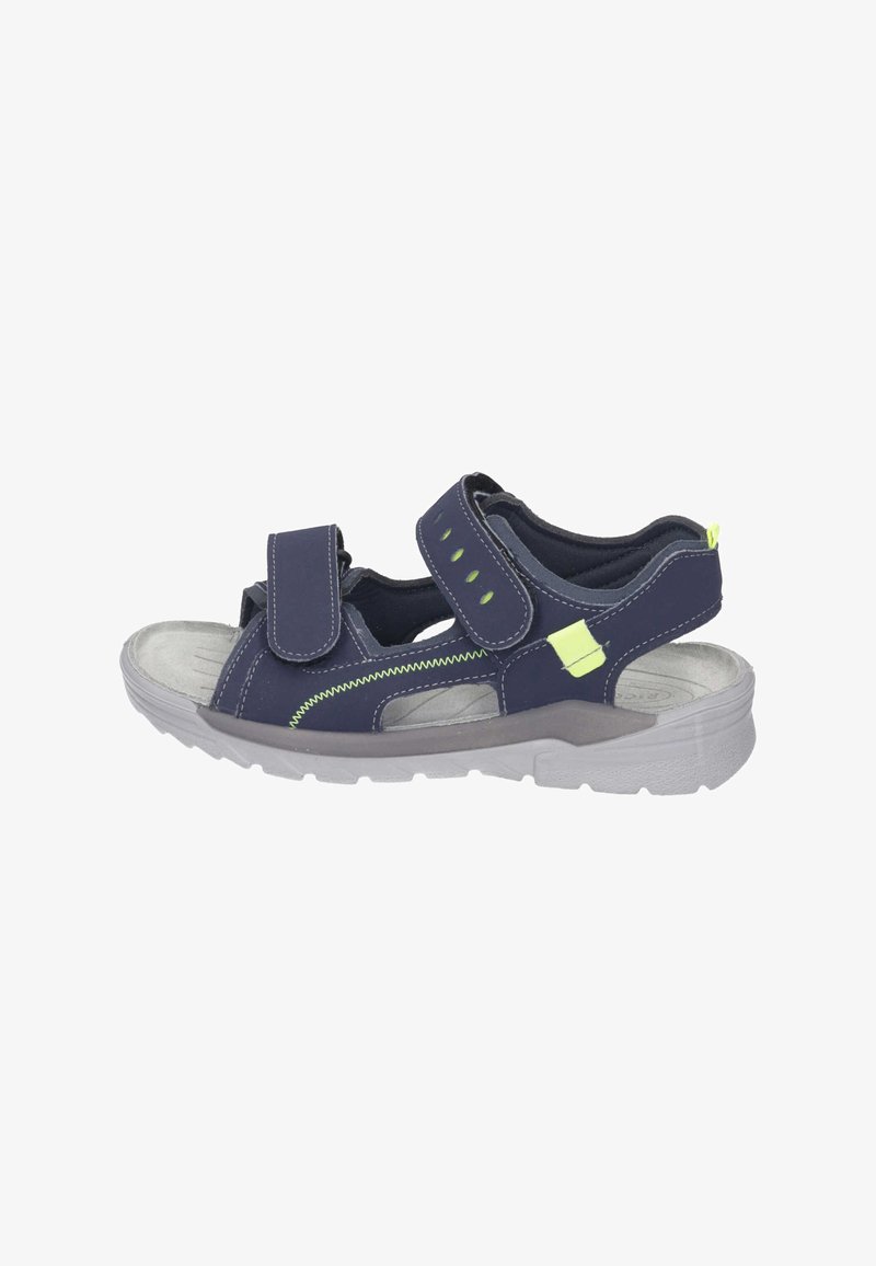 Navy blue sandal with adjustable Velcro straps, gray sole, and green accents. Features open design and stitched detailing. Lightweight material.
