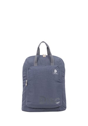 Gray fabric backpack with front zip pocket, dual handles, and a small "Discovery" logo patch on the upper corner.