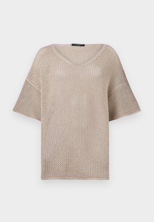 Pulover bej cu tricotare deschisă, cu decolteu în V, mâneci scurte și o croială lejere. Materialul este ușor, cu un model texturat de țesătură.