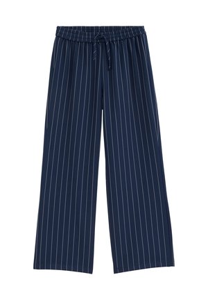 Pantalon à jambes larges bleu marine avec fines rayures verticales blanches et une taille élastique avec lien de serrage.