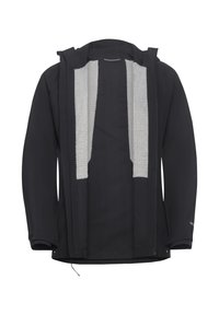 Giacca nera con cappuccio, dotata di fodera in fleece grigia sul davanti. Il design include una zip e polsini regolabili.