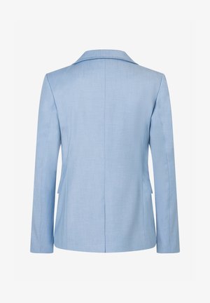 Light blue tailored blazer shown from the back with long sleeves and a notched collar on a white background.