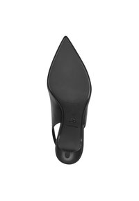 Scarpa nera con tacco alto a punta, realizzata in pelle liscia e con suola in gomma. Presenta un design con retro aperto e una silhouette slanciata. Taglia 37.