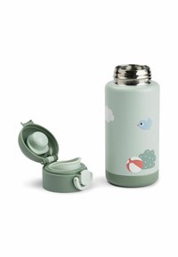 Thermos en acier inoxydable vert menthe avec un couvercle à ouverture par basculement ; présente des illustrations d'un oiseau, de nuages et d'une balle de plage. Fini mat.