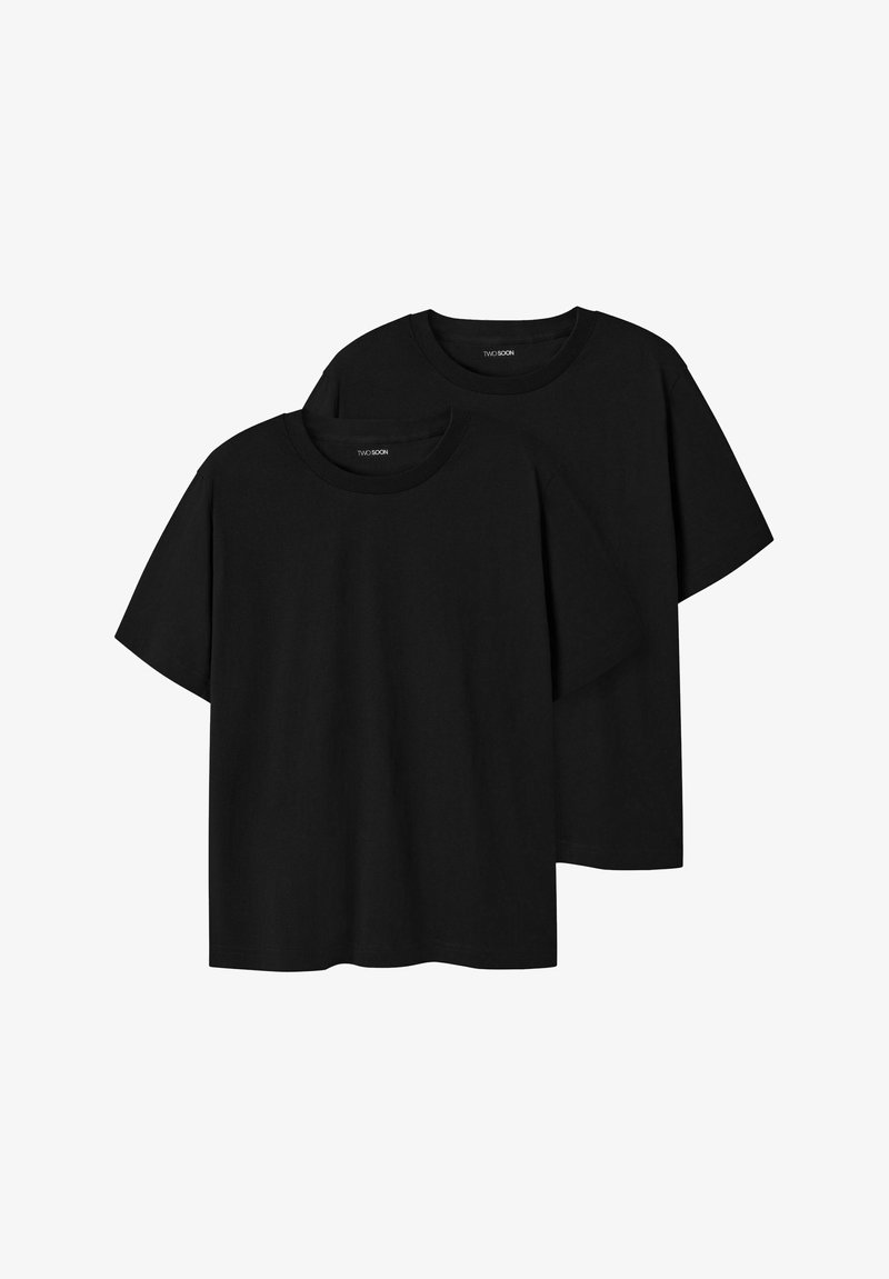 Sorte bomulds-T-shirts med en afslappet pasform, rund halsudskæring og korte ærmer. To T-shirts inkluderet, med et enkelt design uden mønstre.