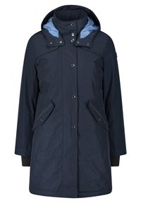 Navyblaue wasserdichte Parka mit hohem Kragen, Reißverschlussfront, Druckknöpfen und zwei Seitentaschen. Mit einem hellblauen Innenfutter.