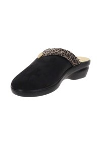 Pantofola in suede nera con una fascia decorativa a motivo leopardo. Il design presenta un tacco basso e una soletta imbottita per il massimo comfort.