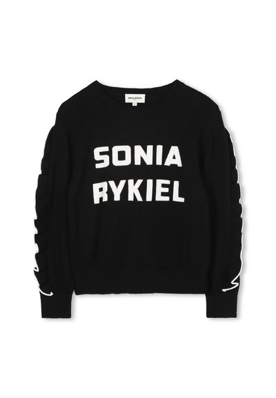Pull en tricot noir avec des lettres blanches "SONIA RYKIEL" sur le devant. Des détails froncés le long des manches ajoutent de la texture.