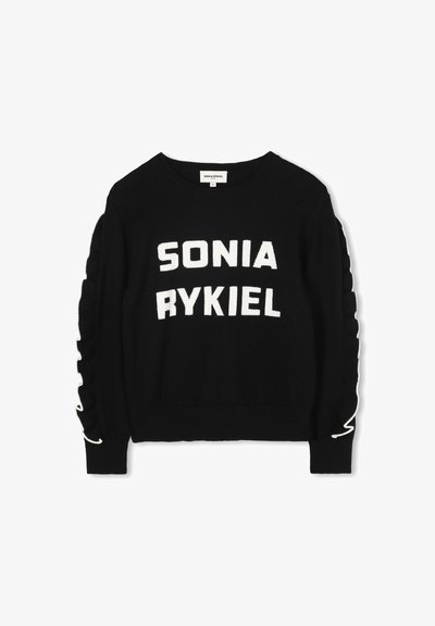 Pull en tricot noir avec des lettres blanches "SONIA RYKIEL" sur le devant. Des détails froncés le long des manches ajoutent de la texture.
