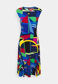 Multicolored sleeveless dress featuring abstract geometric patterns in blue, red, green, and yellow on a black background. Smooth texture.