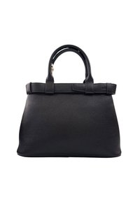 Borsa a tracolla in pelle nera con texture, dotata di doppi manici arrotondati e un dettaglio a striscia orizzontale nella parte superiore, su uno sfondo bianco.