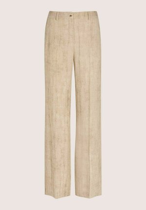 Beige wijde broek van gestructureerde stof. Heeft een knoopsluiting en een minimalistisch ontwerp, geschikt voor diverse gelegenheden.