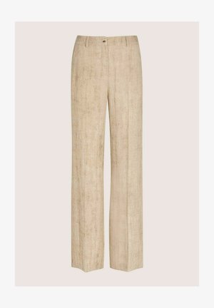 Beige wijde broek van gestructureerde stof. Heeft een knoopsluiting en een minimalistisch ontwerp, geschikt voor diverse gelegenheden.